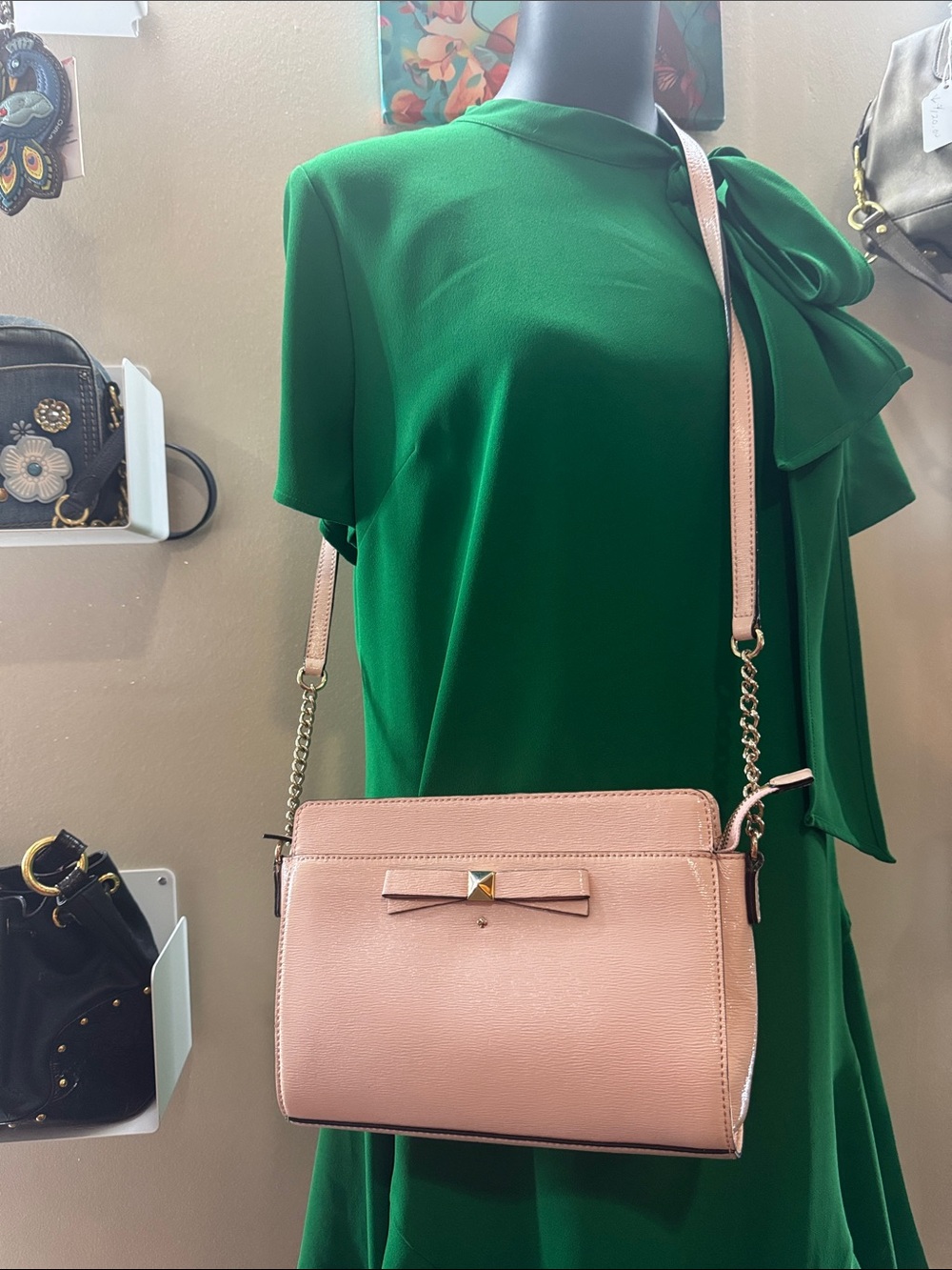 Kate Spade Powder Pink Structured Pink Bow Crossbody Bag with Leather Strap